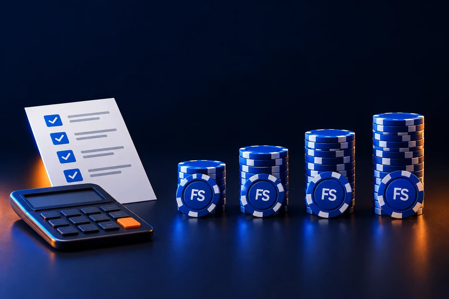 Vier FS Spielchip-Stapel mit Checkliste und Rechner, Illustration