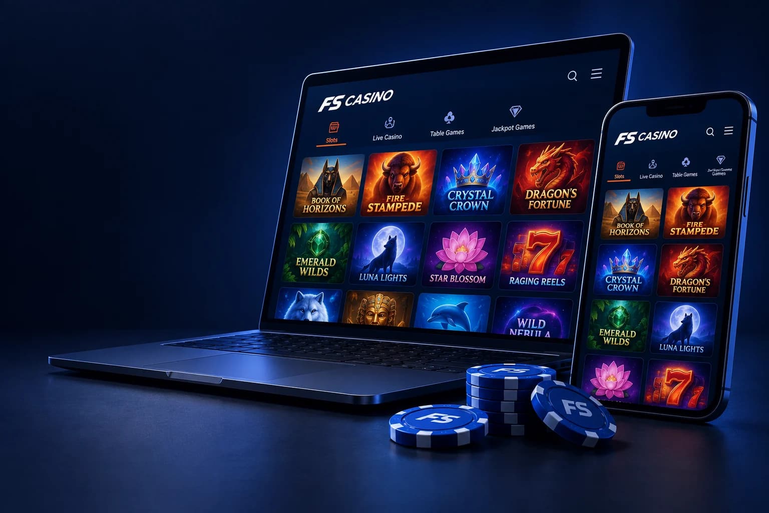 FS Casino auf einem Laptop und Smartphone, Illustration
